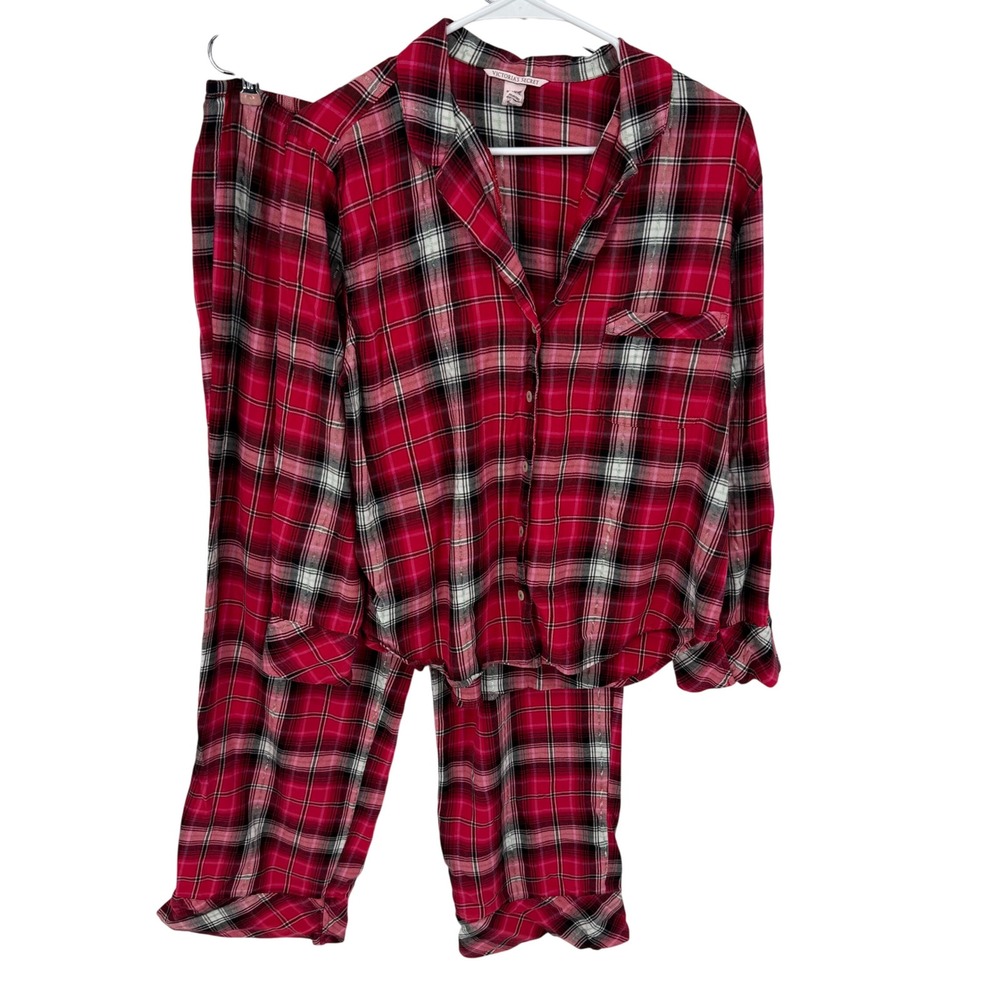 Victoria's Secret Plaid PJ Set LG Red Black Plaid Long Sleeve Pants Holiday Cozy